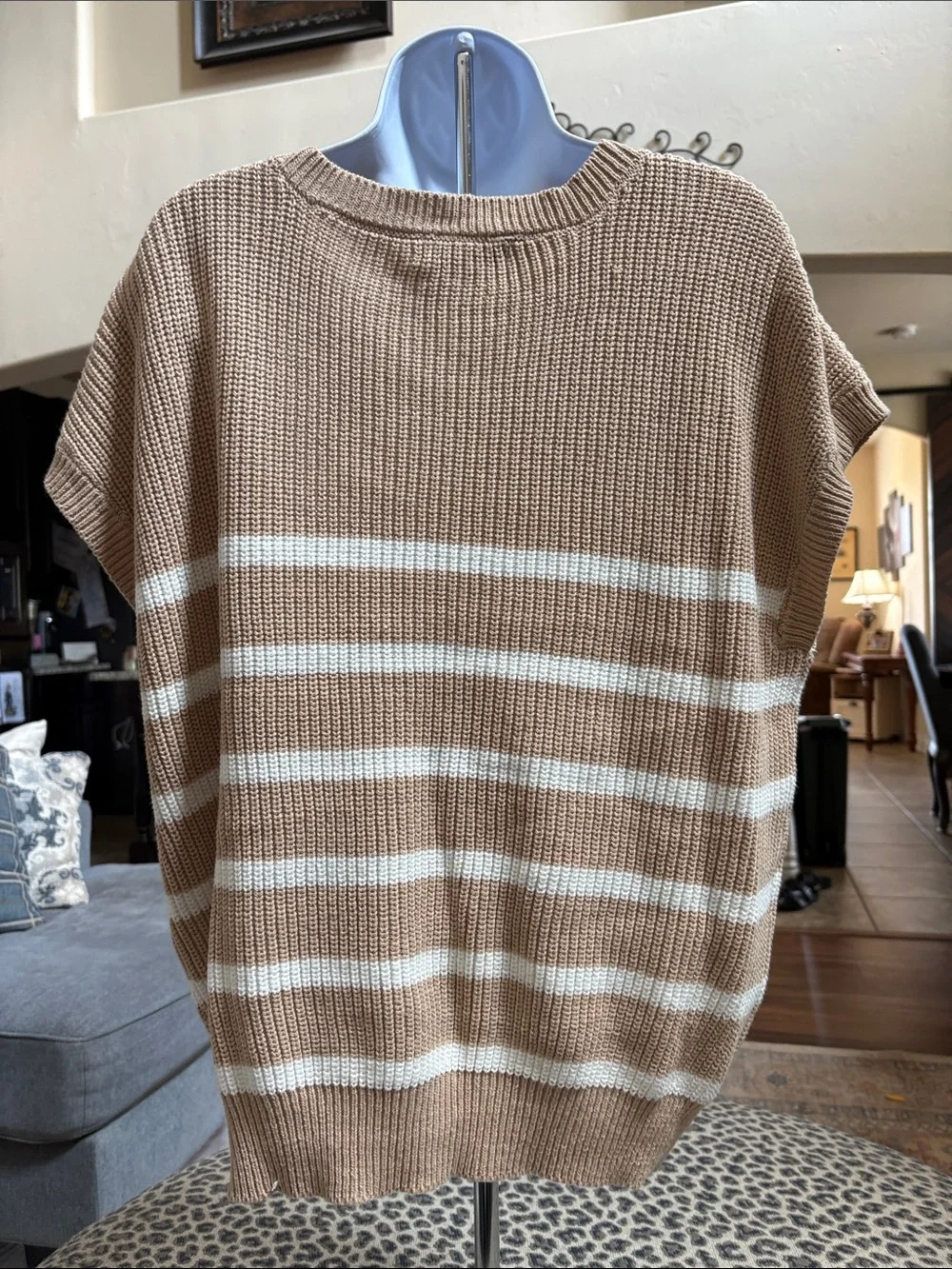 Francesca's Collections Beige & White Striped Scoop-Neck Sweater